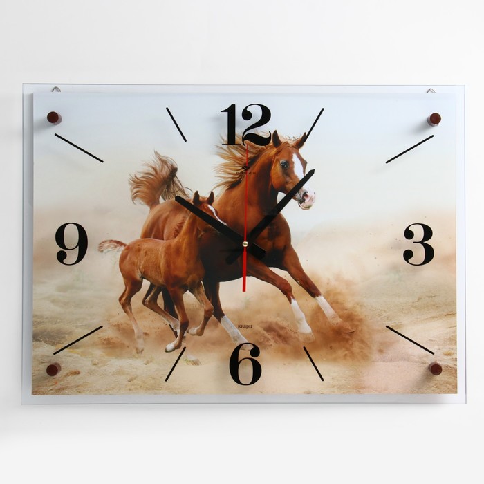 фото Часы настенные, серия: животный мир, "лошадь с жеребёнком", 40х56 см рубин