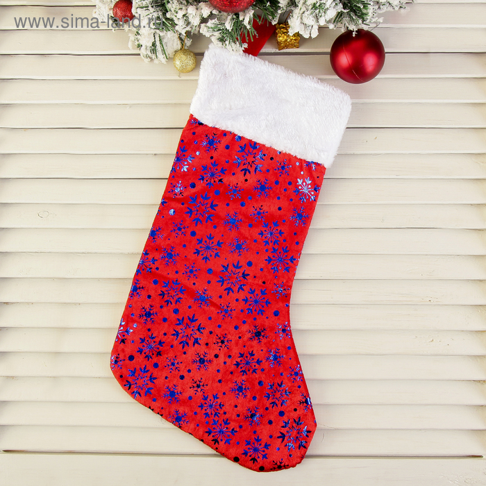 Носок для подарков Красный с синими снежинками 19х42 см, красный