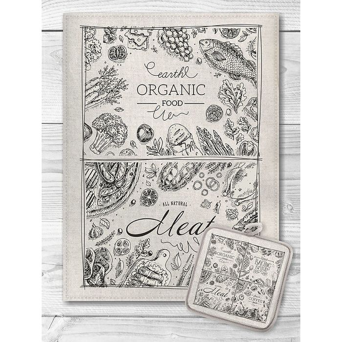 Кухонный набор Монохром еда (полотенце 45х60+прихватка 18х18) полулен, 160г/м