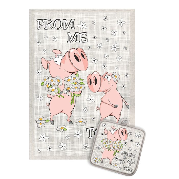 Кухонный набор "Хрюшки с цветами"(полотенце 45х60,прихватка 18х18)160г/м2,50% лён,50% хлопок