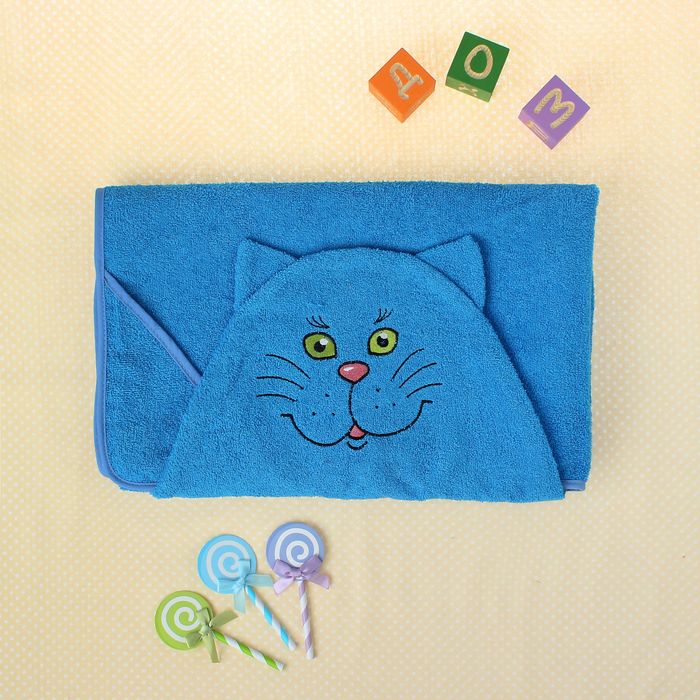 Полотенце-накидка махровое «Котик», размер 75×125 см, цвет голубой, хлопок, 300 г/м²