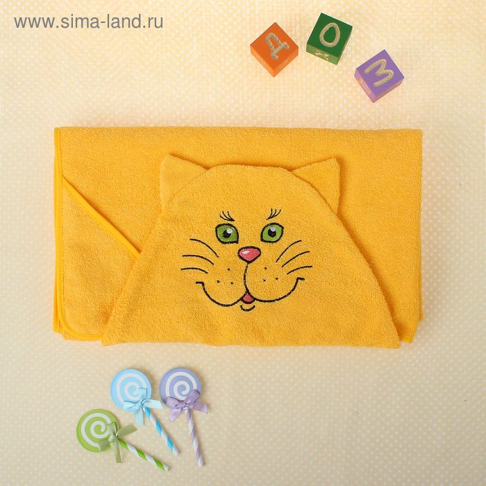 Полотенце-накидка махровое «Котик», размер 75×125 см, цвет жёлтый, хлопок, 300 г/м²