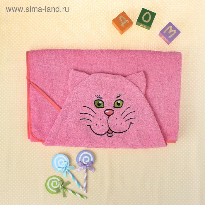 Полотенце-накидка махровое «Котик», размер 75×125 см, цвет розовый, хлопок, 300 г/м²