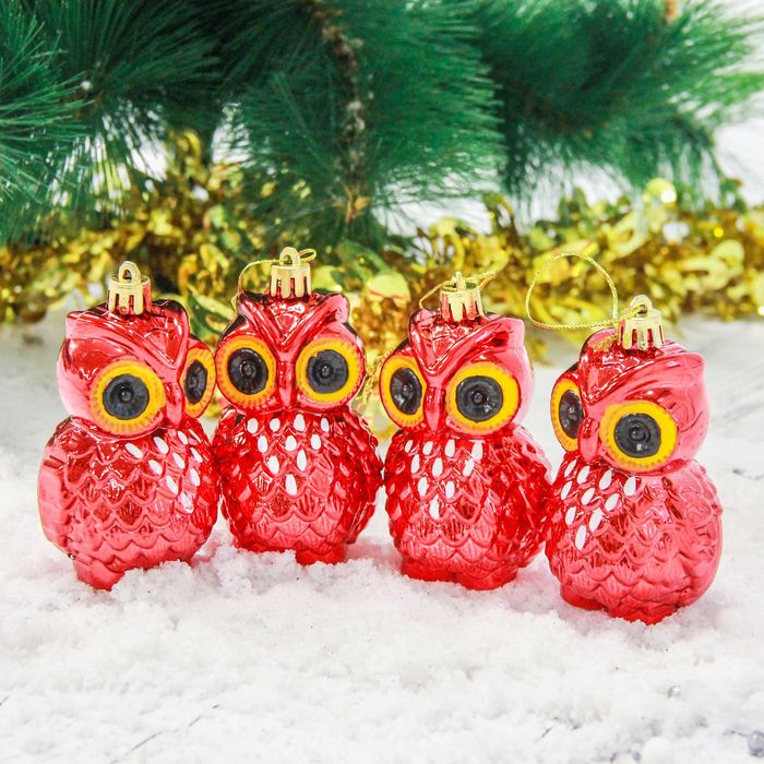 Набор украшений пластик 4 шт 7,5*4,5 см совушка красная