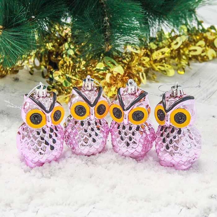 Набор украшений пластик 4 шт 7,5*4,5 см совушка розовая