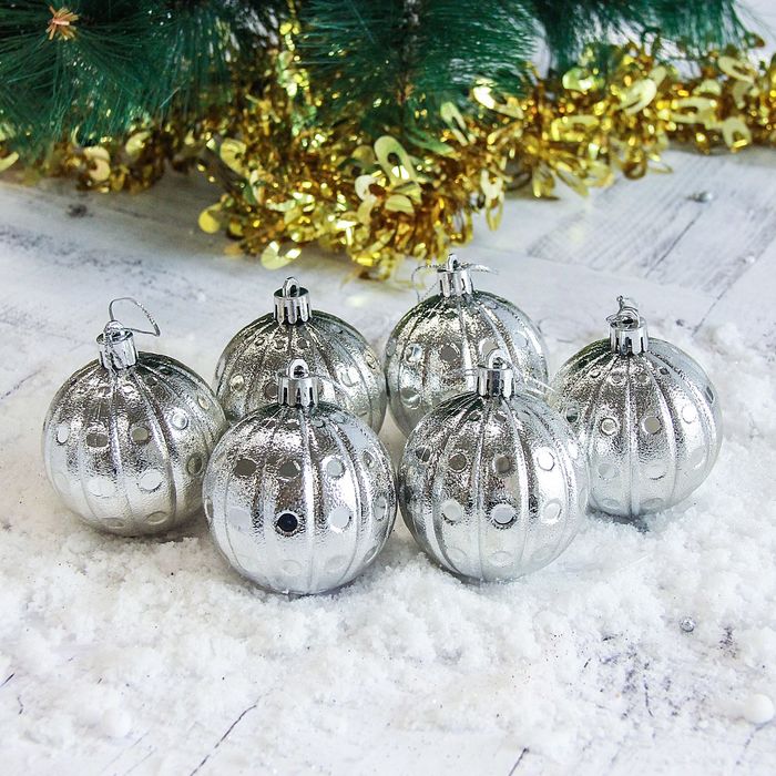 Набор шаров пластик d-6 см 6 шт "Пайетка" серебряные