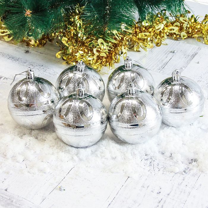 Набор шаров пластик d-8 см 6 шт "Флёр" серебряные