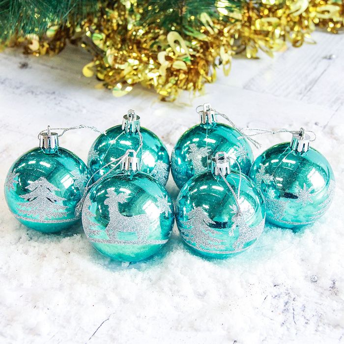 Набор шаров пластик d-6 см 6 шт "Гордый олень" голубой