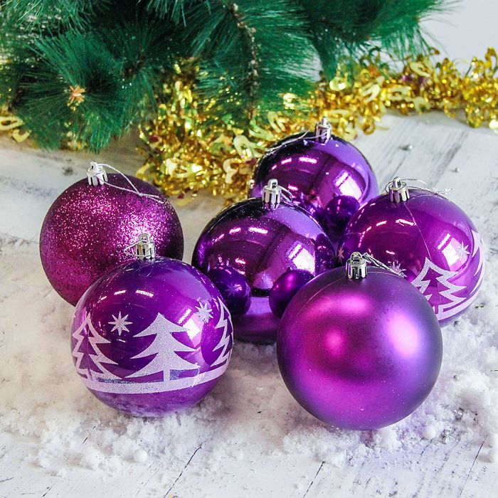 Набор шаров пластик d-10 см 6 шт "Высокие елочки" в тубе фиолет