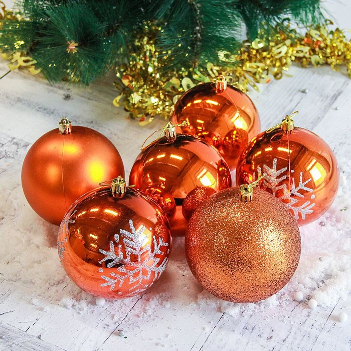 Набор шаров пластик d-10 см 6 шт "Снежинка капель" в тубе оранж