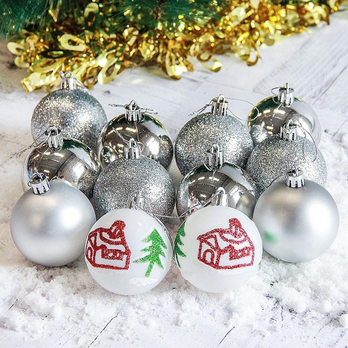 Набор шаров пластик d-6 см 12 шт "Кьюзо" серебро