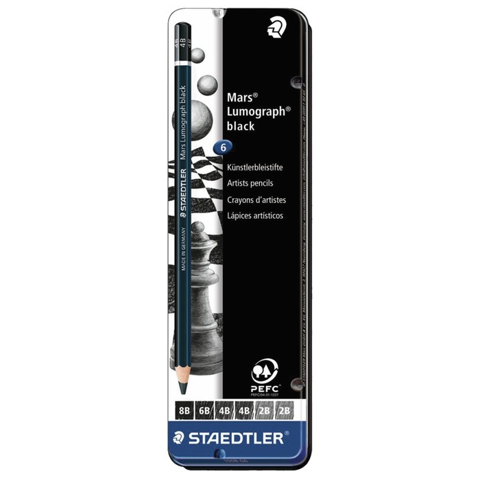 Уголь в карандаше набор Staedtler 6шт, 8B, 6B, 4B, 2B, в металлическом пенале