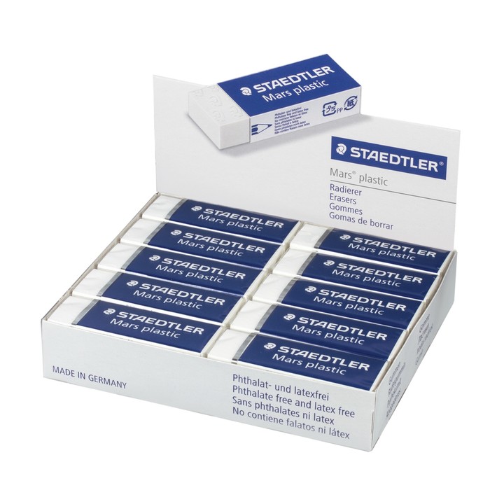 Ластик Staedtler Mars Plastic, 65х23х13мм, прямоугольный, в картонном держателе, белый
