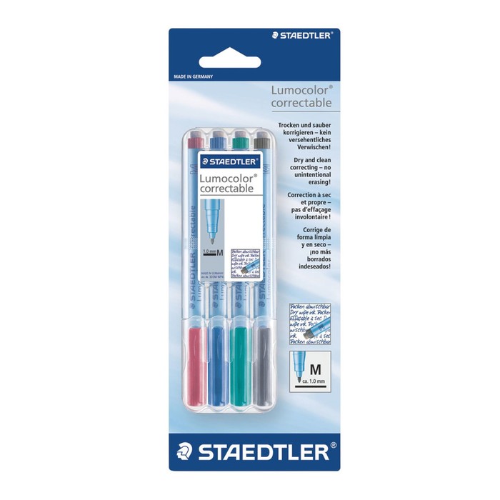 Набор маркеров для OHP стираемые 4 цвета 1.0 мм Staedtler, со стирателем синий