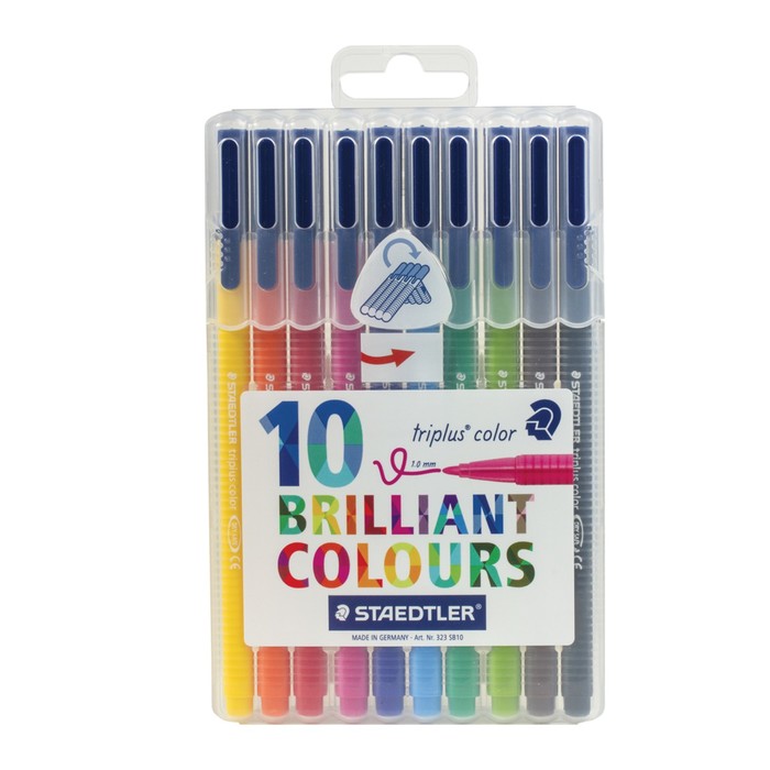 Фломастеры 10цв Staedtler Triplus 1мм, пластик футляр с европодв 323 SB10