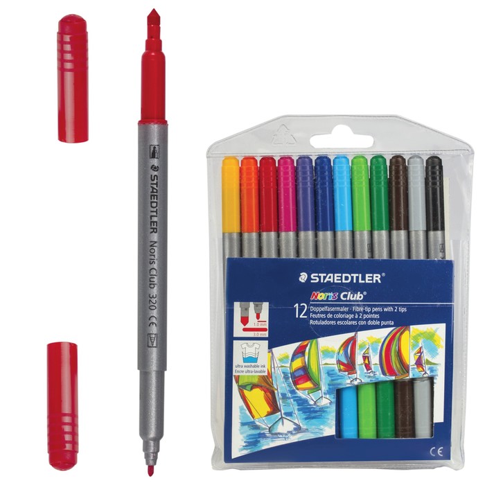 Фломастеры двухсторон 12цв Staedtler 1/3мм прозрачн футл с европодв 320 NWP12