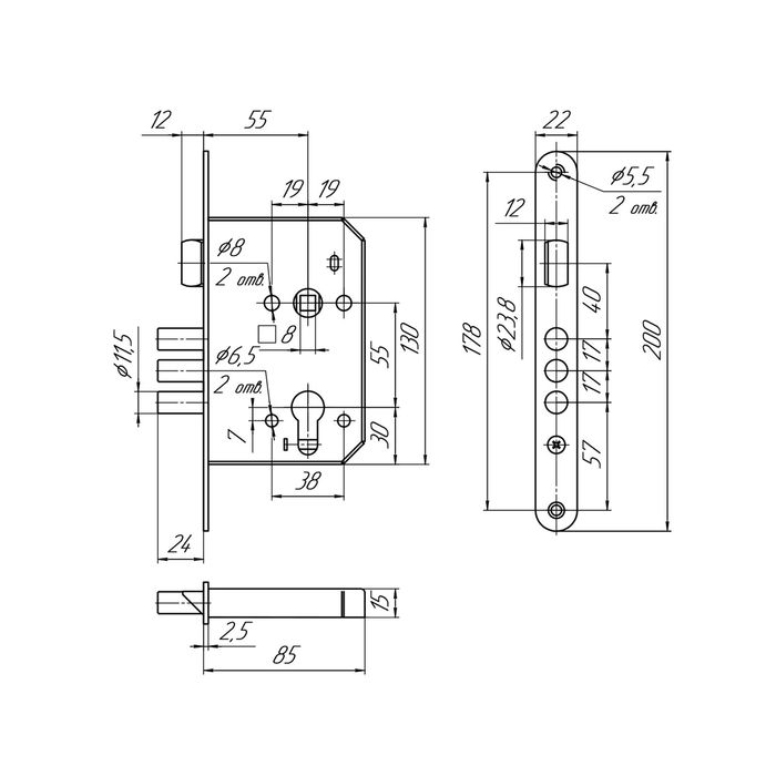 Замок врезной "МЕТТЭМ" ЗВ4 402.0.0 (ЗВ-4-02), без ручки, б/о, без ц/м