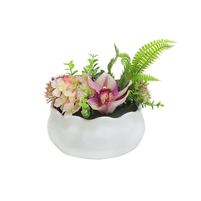 Декоративные цветы "Гортензия розовая и орхидея", в керам вазе