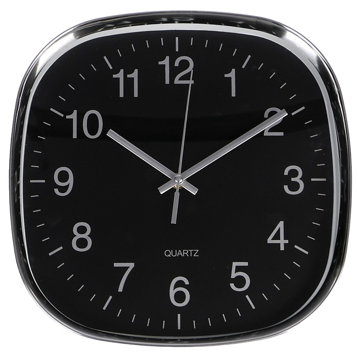 Часы настенные серия Плюс, квадрат, рама хром с круг углами, черный циферблат 30х30см