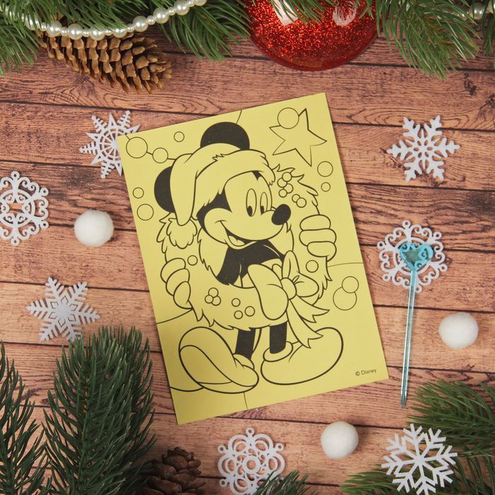 Фреска-открытка "С Новом годом!" Микки Маус + 9 цветов песка по 2 гр, блестки 2 гр,стэка