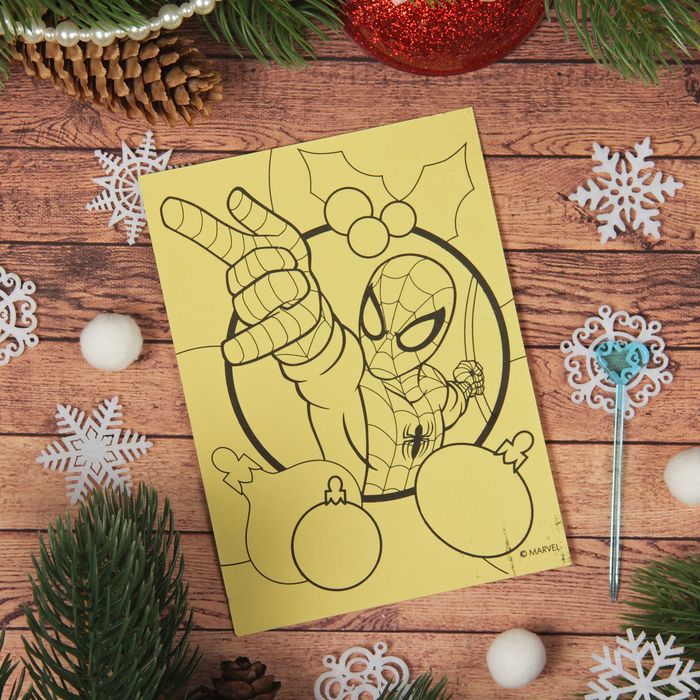 Фреска-открытка "Яркого Нового года!" Человек-паук + 9 цветов песка по 2 гр, блестки 2 гр,стэка 23