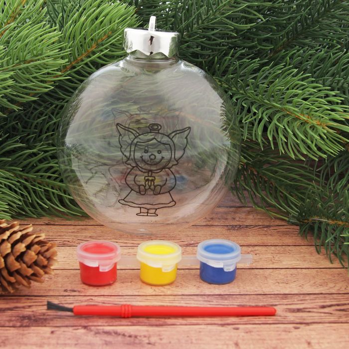 Новогоднее елочное украш под раскраску "Шар с ангелочком" + размер шара 3*10*11 см + краски