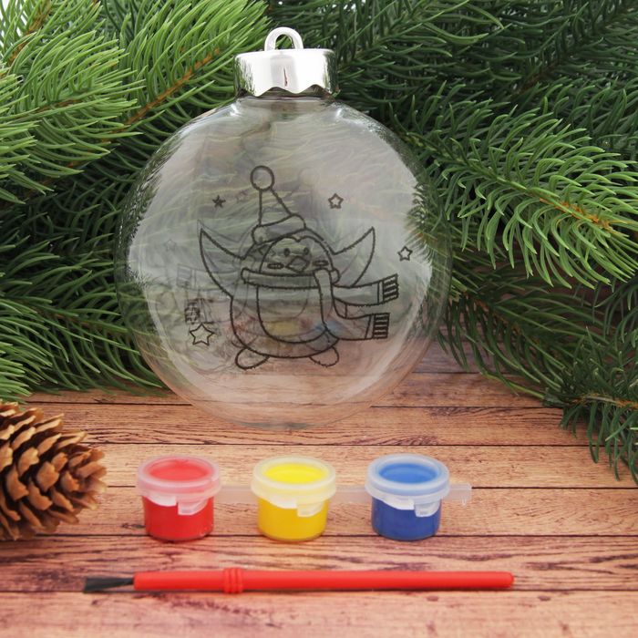 Новогоднее елочное украш под раскр "Шар с пингвином" размер шара 3*10*11 см + краски 3 цвета