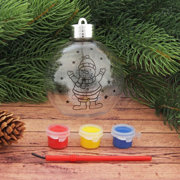 Новогоднее елочное украшение под раскраску "Шар со Снеговиком" размер шара 8*9,5 см + краски