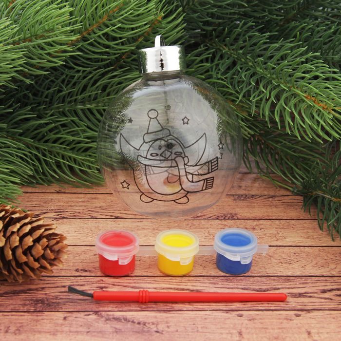 Новогоднее елочное украшение под раскраску "Шар с пингвином" размер шара 8*9,5 см + краски 3 цвета п