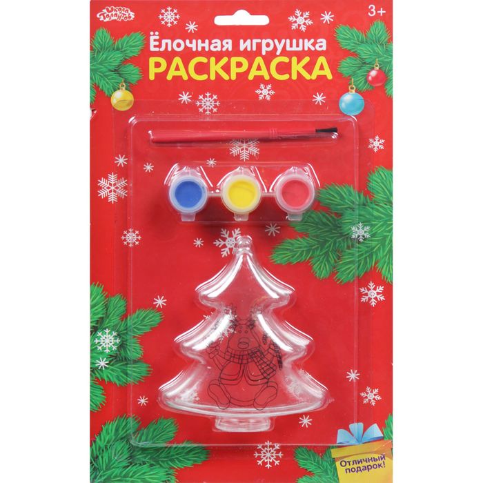 Новогоднее елочное украшение под раскраску "Елочка с оленем" + краски 3 цвета по 3 гр, кисть 22913