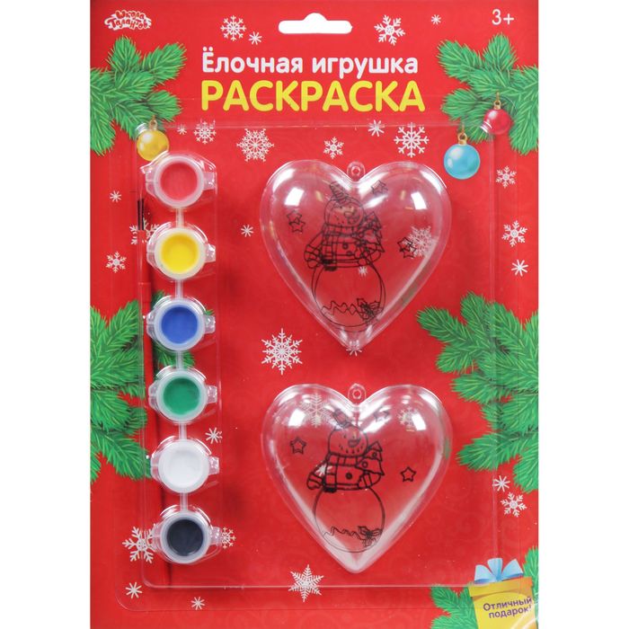 Новогоднее елочное украшение под раскраску "Сердце со Снеговиком" + размер сердца 6,5 см, набор 2 шт