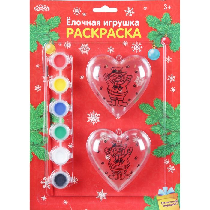 Новогоднее ёлочное украшение под раскраску "Сердце со Снеговиком №2", 6,5 см + краски + кисть
