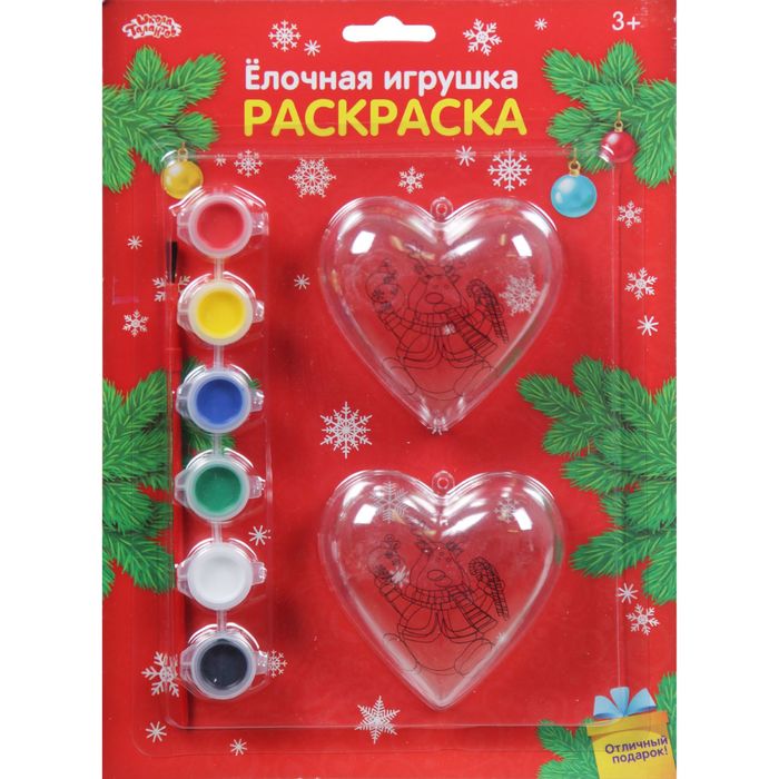 Новогоднее елочное украшение под раскраску "Сердце с оленем" + размер сердца 6,5 см, набор 2 шт, кр