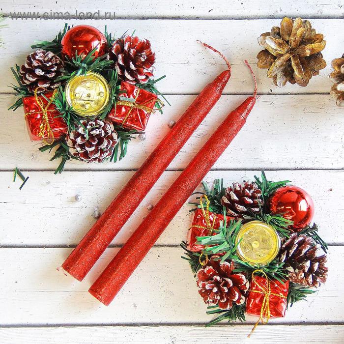 фото Свеча новогодняя с подсвечником "красные шишки и подарки" (набор 4 шт) 4х13х17 см, красный зимнее волшебство