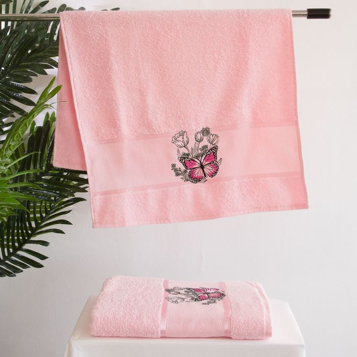 Комплект полотенец MERZUKA махр.в кор 50*80/70*130 2шт BUTTERFLY розовый хл.460г/м