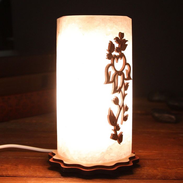 Соляной светильник "Цилиндр с узором", d=10 см, h=18 см, деревянный декор, цельный кристалл