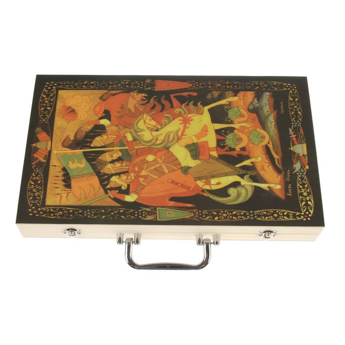 Нарды дерево, 5 кубиков+2 стакана, рисунок витязи, 39*5*23см