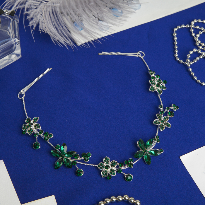 Украшение для волос "Элегия", цветы, зелёные кристаллы