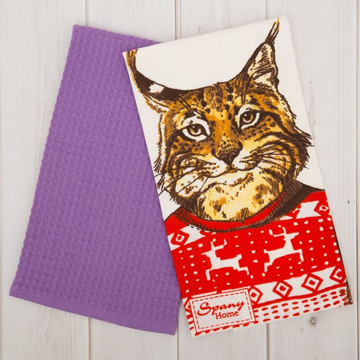 Комплект полотенец д/кухни Spany Home на крючке, кот/лиловый