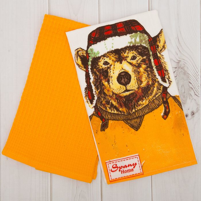 Комплект полотенец д/кухни Spany Home на крючке, медведь/оранжевый