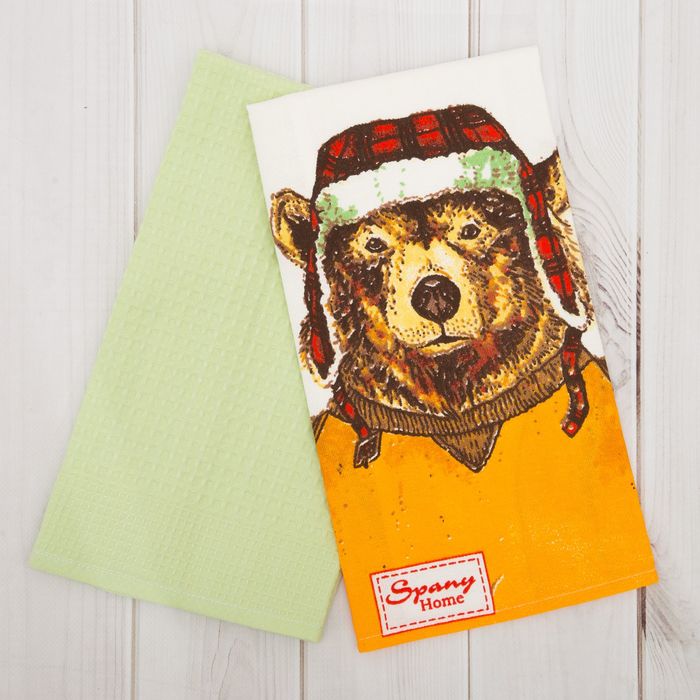 Комплект полотенец д/кухни Spany Home на крючке, медведь/оливковый