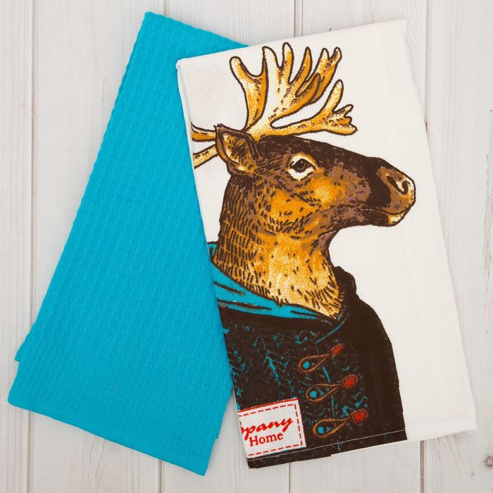 Комплект полотенец д/кухни Spany Home на крючке, лось/бирюзовый