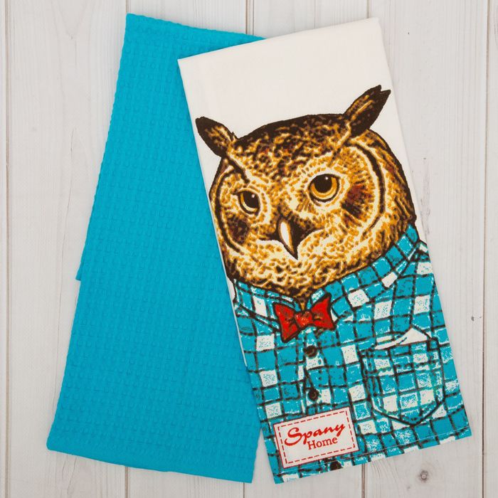 Комплект полотенец д/кухни Spany Home на крючке, сова/бирюзовый