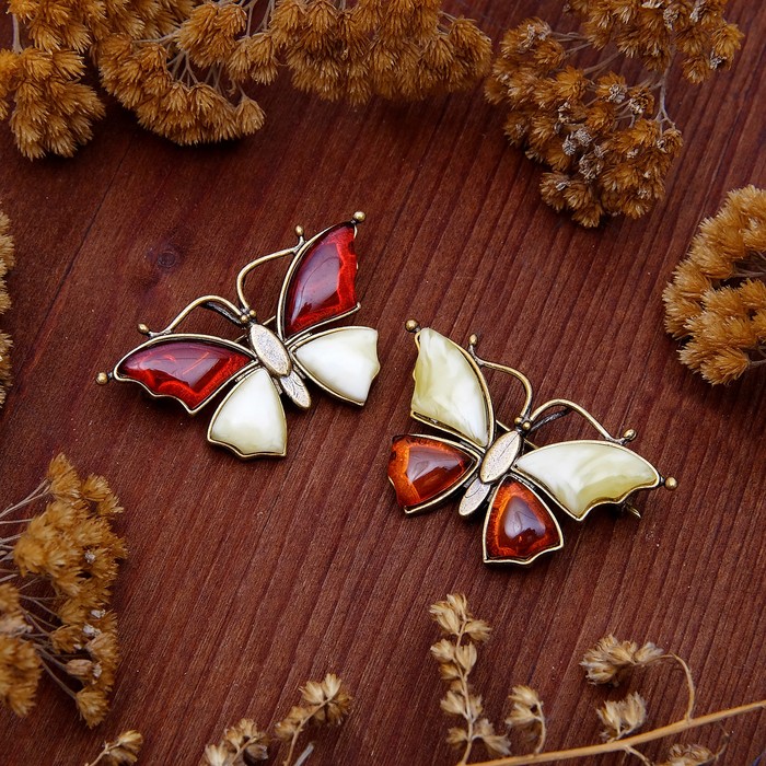 Брошь "Янтарь" бабочка малая, цвет МИКС в бронзе