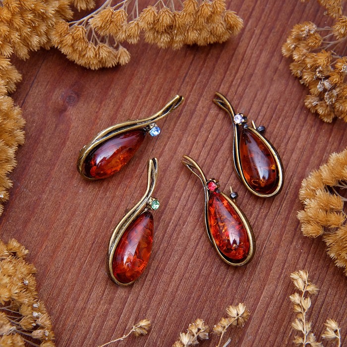 Брошь "Янтарь" нектар, цвет коричневый в бронзе