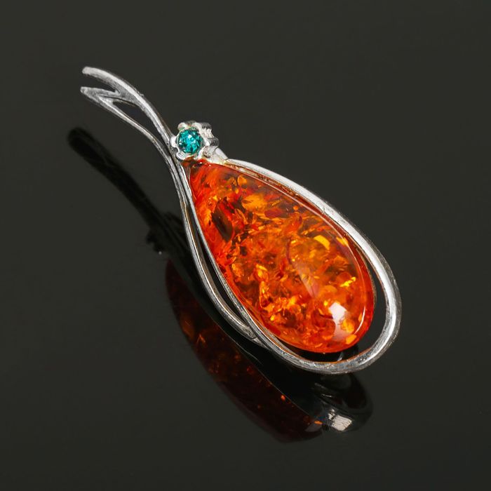 Брошь "Янтарь" нектар, цвет коричневый в посеребрении