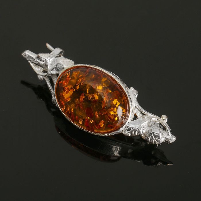 Брошь "Янтарь" этно, цвет коричневый в посеребрении