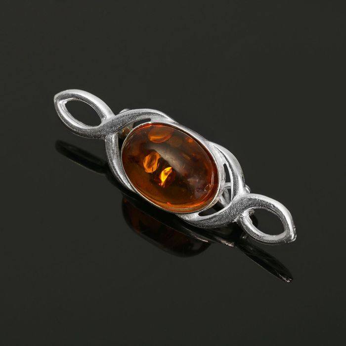 Брошь "Янтарь" завиток, цвет коричневый в посеребрении