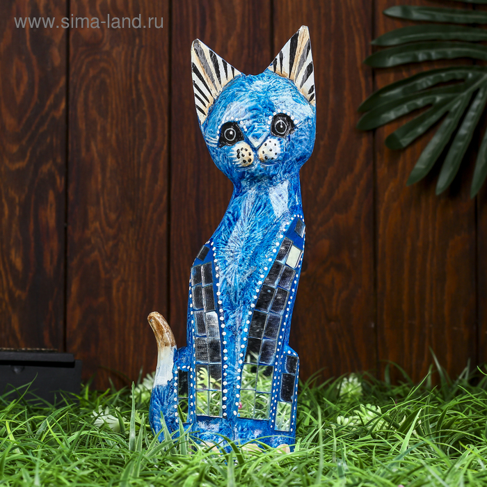 Сувенир дерево Кошка синяя с перламутровыми вставками 30х10х4 см