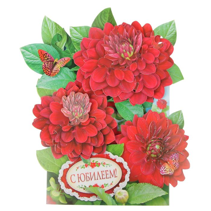 Открытка трёхмерная "С Юбилеем!" красные цветы, бабочки